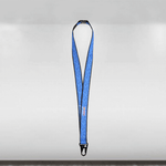 Blue lanyard with a black clip on a gray background