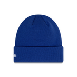 Blue beanie with a small logo on a white background