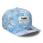 Blue cap with airplane pattern and BWT Alpine Formula One Team logo on a white background