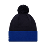 Black beanie with a blue band and pom-pom on a white background