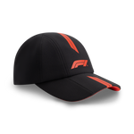 Black cap with red accents and a logo on a white background