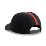 Black cap with a red stripe on a white background