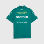 Green shirt with branding on a light gray background