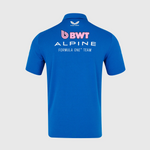 Blue polo shirt with BWT Alpine Formula One Team branding on a light gray background