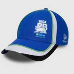 Blue and white cap with Visa and other logos on a light gray background