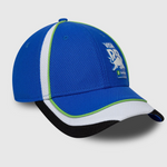 Blue and white baseball cap with a logo on a gray background