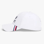 White cap with a red, white, and blue stripe on a light gray background