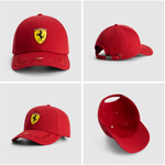 Red cap with Ferrari logo from different angles on a light gray background