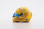 Yellow racing helmet with sponsor logos on a white background