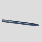Blue pen with branding on a light gray background