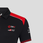 Black polo shirt with red accents and logos on a gray background