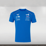 Blue t-shirt with various logos on a light gray background