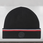 Black beanie with a Mercedes-Benz logo on a white background