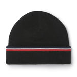 Black beanie with a striped band on a white background
