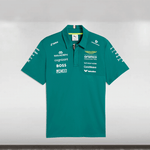 Green polo shirt with various brand logos on a white background