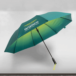 Green umbrella with Aromco Formula One Team branding on a gray background