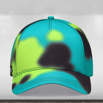 A camouflage print baseball cap with a single logo label on the side, predominantly in green and black colors.