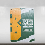 A metallic collectible plate with a quote from F1 driver Daniel Ricciardo saying 'Sometimes you've just gotta lick the stamp and send it', with a green and yellow color scheme and star graphics.