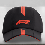 Black cap with red accents and a logo on a light gray background
