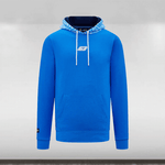 A blue hoodie with a '63' driver number and a unique Miami pool inspired water effect printed hood, featuring a kangaroo pocket and a fixed drawcord at hood entry. The hoodie is displayed against a white background.