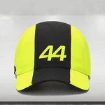 A neon yellow and black cap with a 44 driver number precision HD print on the crown, displayed on a white background.