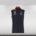 2024 Red Bull Racing Team Hybrid Gilet in navy color with sponsor logos, featuring a funnel neckline, sleeveless design, and side pockets.