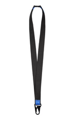 Black lanyard with a blue tag on a white background