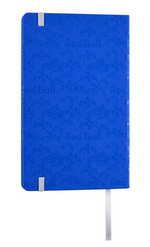 Blue notebook with Red Bull branding on a white background
