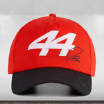 Red cap with number 44 and signature on a gray background