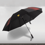 Black umbrella with red accents and a logo on a white background