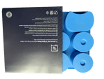 A blue ice cube tray designed to resemble a set of F1 car tires, with a packaging that includes product information.