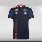 A navy and blue Red Bull Racing team t-shirt with a round neck collar, featuring short sleeves and a small Oracle Red Bull Racing logo at the back. The shirt has a v-neck design and is presented on a plain background.