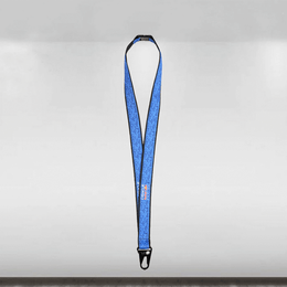 Blue lanyard with a black clip on a gray background