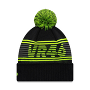 Black beanie with green pom-pom and 'URBAN' text on a white background