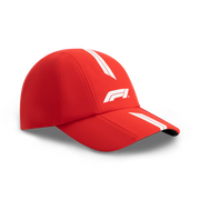 Red cap with white accents and a logo on a white background