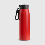 Red water bottle with a black cap and carabiner on a light gray background