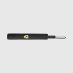 Black umbrella with a yellow logo on a light gray background