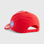 Red cap with HP logo on a light gray background
