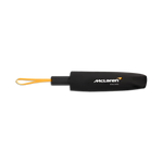 Black McLaren Racing umbrella with yellow handle on a white background