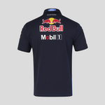 Black polo shirt with Red Bull and Mobil 1 logos on a gray background