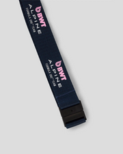 Black belt with BWT Alpine Formula One Team logos on a light gray background