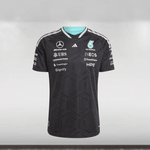 Black sports jersey with various brand logos on a white background