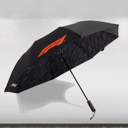 Black umbrella with a red logo on a white background