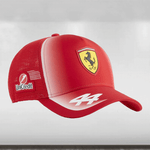Red cap with Ferrari logo and UniCredit branding on a light gray background