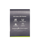 A pair of socks with a label indicating 75% cotton, 25% polyester, and care instructions including 'Do not iron', 'Machine washable', and 'Hang to dry'. The label also mentions 'Designed in the United Kingdom'.