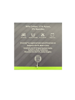 Product label with fabric composition and care instructions on a gray background.