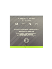 Product label with fabric composition and care instructions on a gray background.