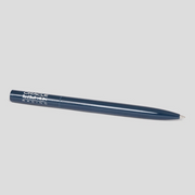Blue pen with branding on a light gray background