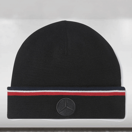 Black beanie with a Mercedes-Benz logo on a white background