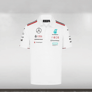 2024 Mercedes-AMG F1 Team Polo in white with sponsor and team branding, button collar, and striped tape on shoulders.
